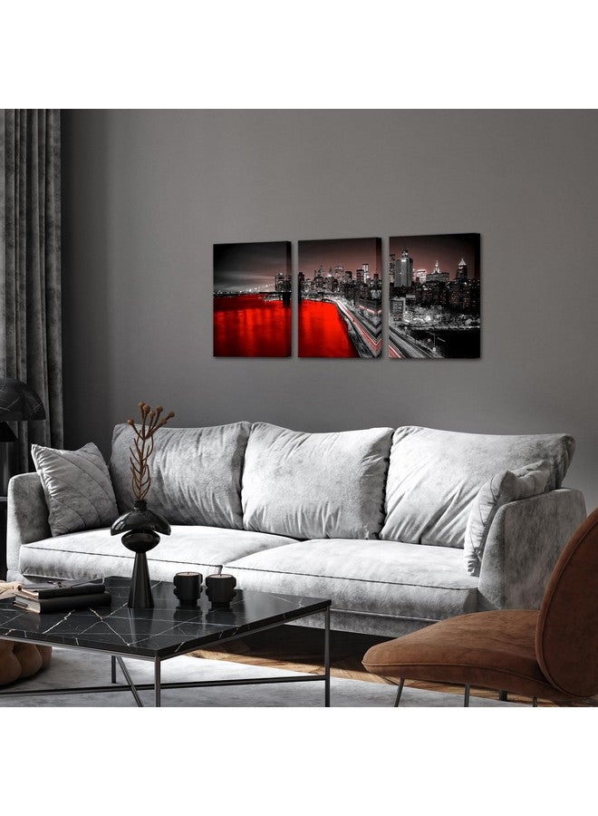 LevvArts 3 Panel New York City Wall Art Canvas Brooklyn Bridge Night View Picture Print Modern Black and Red City Poster Painting for Home Office Bedroom Decoration (Red, Small) - Image 3