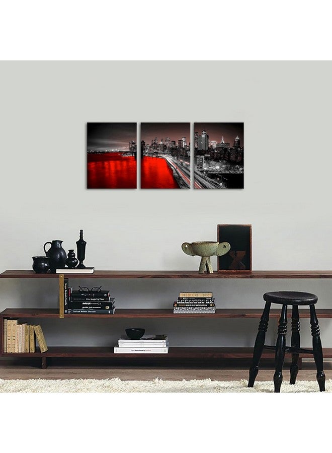 LevvArts 3 Panel New York City Wall Art Canvas Brooklyn Bridge Night View Picture Print Modern Black and Red City Poster Painting for Home Office Bedroom Decoration (Red, Small) - Image 2