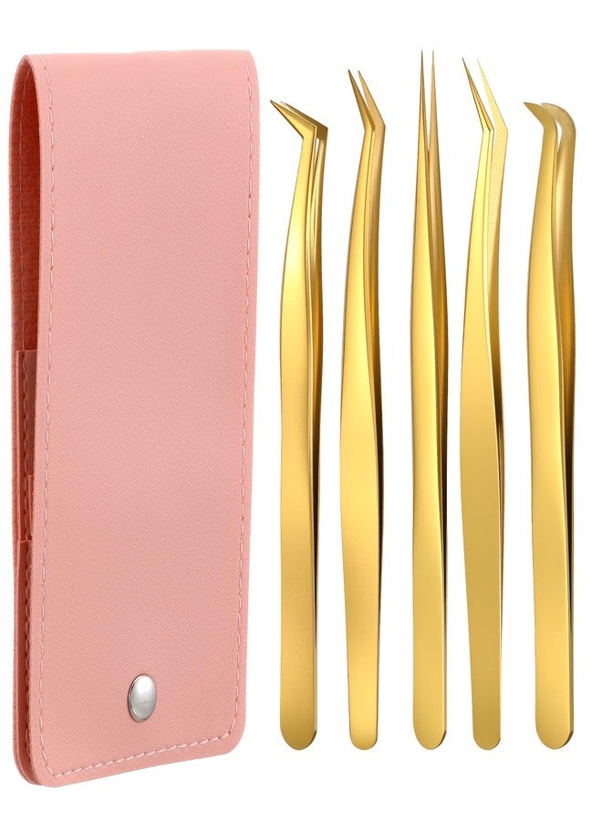 YBEATY 5 Pcs Lash Tweezers Set High Precision Stainless Steel Eyelash Tweezers Gold Curved Volume Professional Applicator Individual Lash Extensions Tool with Storage Box for Classic - Image 1