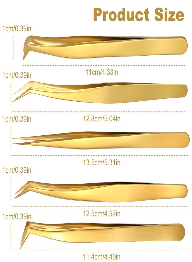YBEATY 5 Pcs Lash Tweezers Set High Precision Stainless Steel Eyelash Tweezers Gold Curved Volume Professional Applicator Individual Lash Extensions Tool with Storage Box for Classic - Image 2