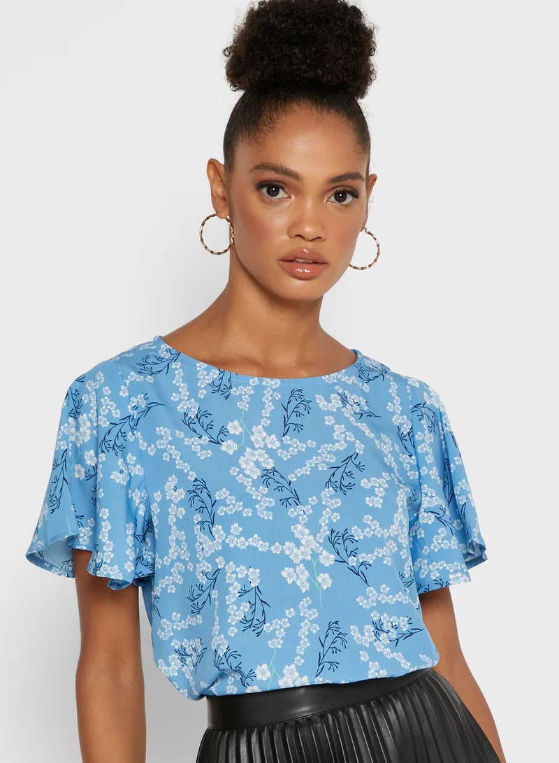 Mast & Harbour Ruffle Sleeve Printed Top