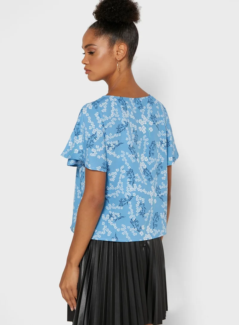 Mast & Harbour Ruffle Sleeve Printed Top