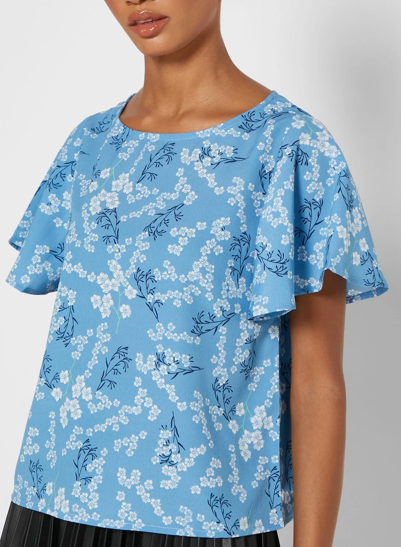 Mast & Harbour Ruffle Sleeve Printed Top