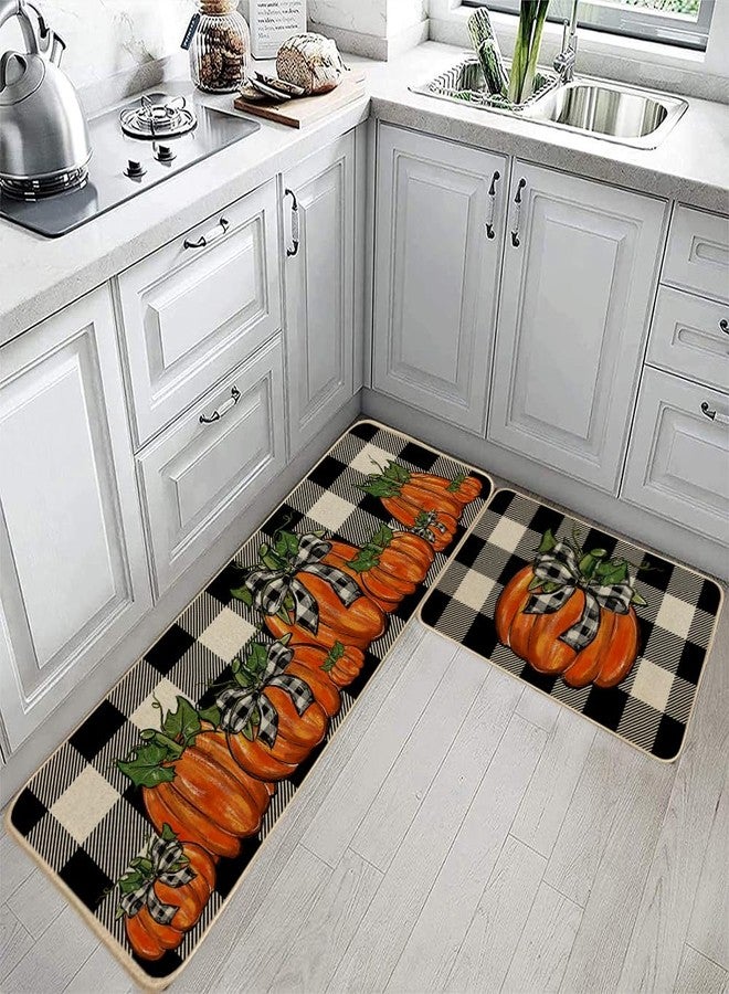 GEEORY Fall Kitchen Mats Set of 2, Buffalo Plaid Pumpkins Bowknot Floor Mat Farmhouse Seasonal Holiday Thanksgiving Decorations 17x29 and 17x47 Inch (Plaid) GK077 - Image 2