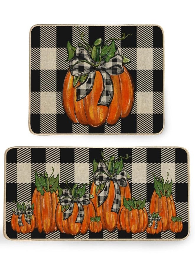 GEEORY Fall Kitchen Mats Set of 2, Buffalo Plaid Pumpkins Bowknot Floor Mat Farmhouse Seasonal Holiday Thanksgiving Decorations 17x29 and 17x47 Inch (Plaid) GK077 - Image 1