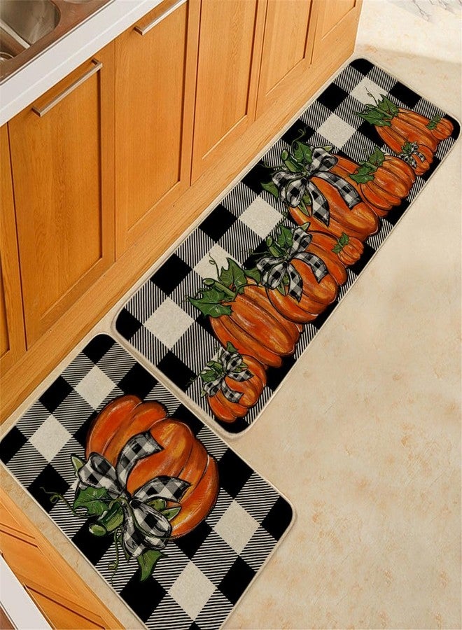 GEEORY Fall Kitchen Mats Set of 2, Buffalo Plaid Pumpkins Bowknot Floor Mat Farmhouse Seasonal Holiday Thanksgiving Decorations 17x29 and 17x47 Inch (Plaid) GK077 - Image 3