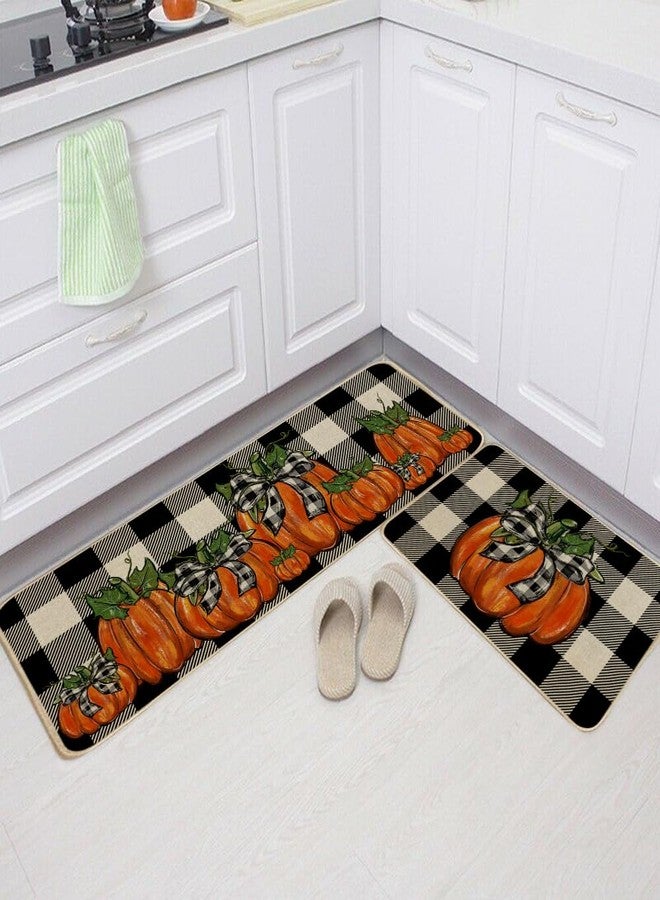 GEEORY Fall Kitchen Mats Set of 2, Buffalo Plaid Pumpkins Bowknot Floor Mat Farmhouse Seasonal Holiday Thanksgiving Decorations 17x29 and 17x47 Inch (Plaid) GK077 - Image 4