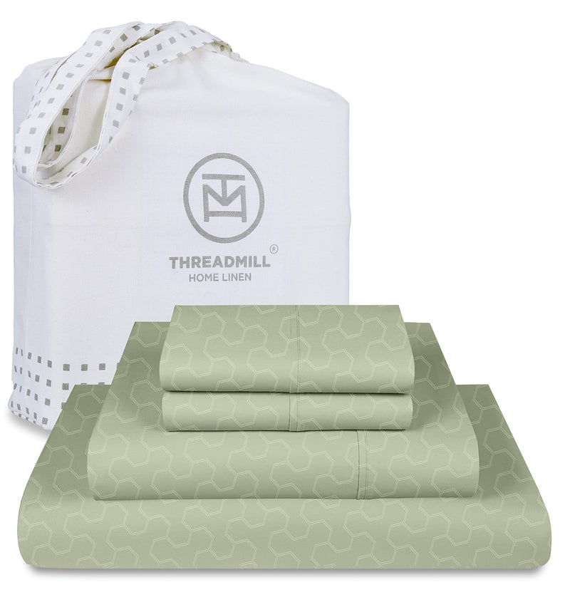 Threadmill Threadmill 500 Thread Count Queen Size 4 Pc Luxury Cotton Bedding Set  Jacquard Floria Sage Green  Silky Smooth Sheets with 16"" Elasticized Deep Pocket  2 Pillowcases & Free Tote Bag  - Image 1