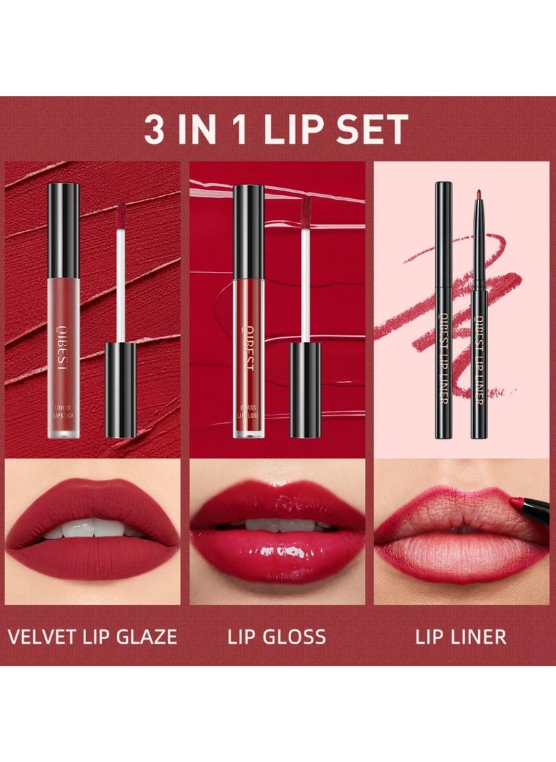 QiBest - Lipstick Set Matte Velvet Liquid Lipstick Moisturizing Lip Gloss Creamy Lip Liner Smudgeproof Deep Red - color 10 - Image 1