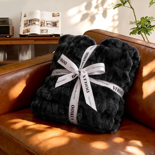 VFROO Ultra Soft Luxury Faux Fur Throw Blanket for Couch, Fuzzy Fluffy Plush Warm Cozy Ruched Blanket for Sofa Bedroom Living Room, Elegant Gift Idea for Women (50"x60",Tie-dye Black) - Image 4