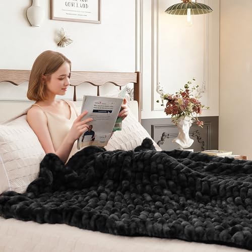 VFROO Ultra Soft Luxury Faux Fur Throw Blanket for Couch, Fuzzy Fluffy Plush Warm Cozy Ruched Blanket for Sofa Bedroom Living Room, Elegant Gift Idea for Women (50"x60",Tie-dye Black) - Image 3