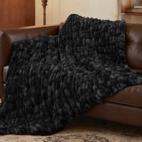 VFROO Ultra Soft Luxury Faux Fur Throw Blanket for Couch, Fuzzy Fluffy Plush Warm Cozy Ruched Blanket for Sofa Bedroom Living Room, Elegant Gift Idea for Women (50"x60",Tie-dye Black) - Image 1