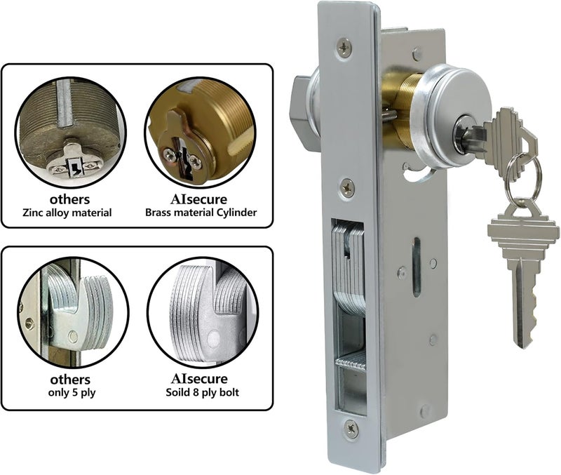 AIsecure Storefront Door Lock， Commercial Mortise Lock with Hook deadbolt and Cylinder Combo. Designed for Aluminum Shop Doors with 31/32 inch Backset. Silver - Image 4