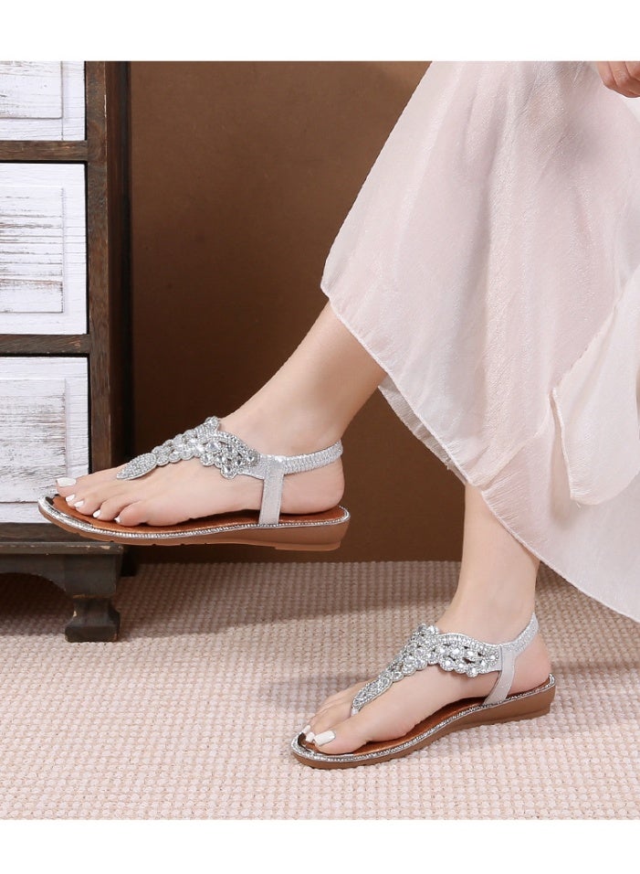 NIBEMINENT Fashion Hollow Flat Bottom Rhinestone Sandals Comfortable Women's Shoes - Image 3