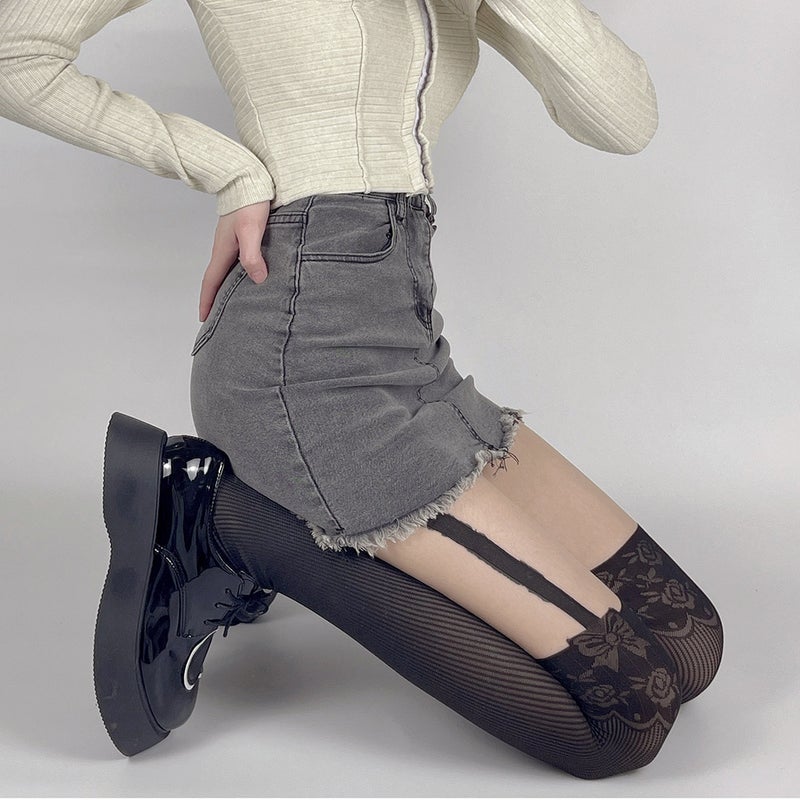 JK Strap Stitching Fake Tall Pantyhose Pure Wind Sexy Thin Striped Bow Jacquard Black Silk Stockings Girl - Image 2