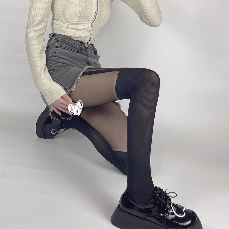 JK Strap Stitching Fake Tall Pantyhose Pure Wind Sexy Thin Striped Bow Jacquard Black Silk Stockings Girl - Image 3