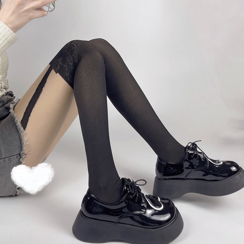 JK Strap Stitching Fake Tall Pantyhose Pure Wind Sexy Thin Striped Bow Jacquard Black Silk Stockings Girl - Image 5