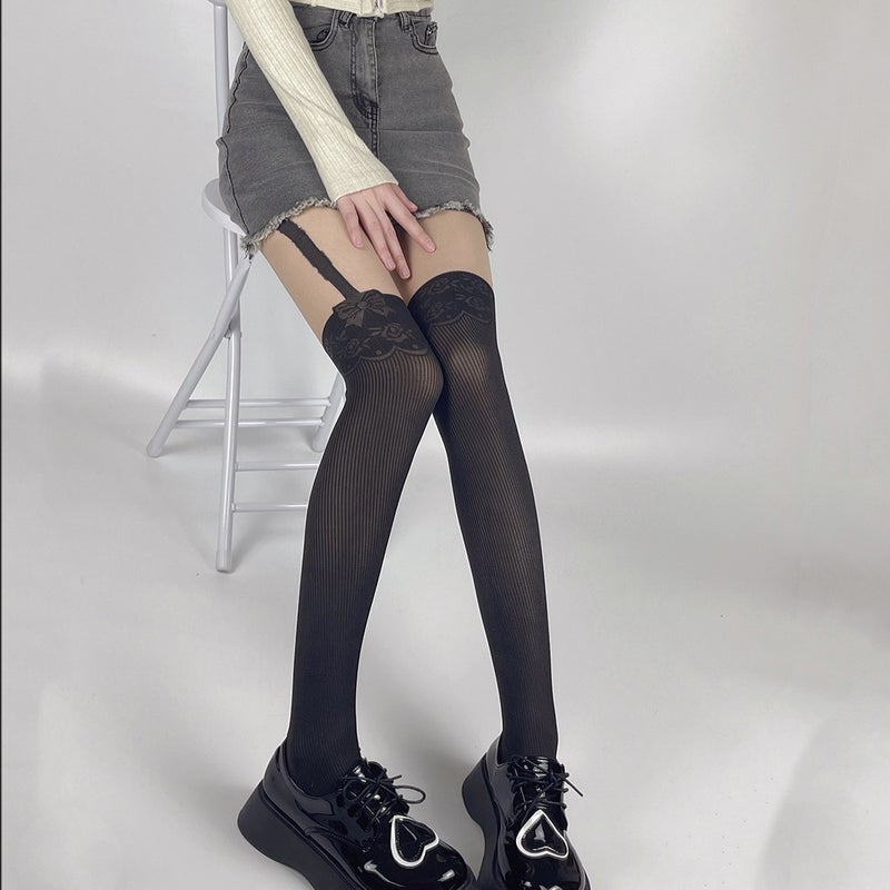 JK Strap Stitching Fake Tall Pantyhose Pure Wind Sexy Thin Striped Bow Jacquard Black Silk Stockings Girl - Image 4