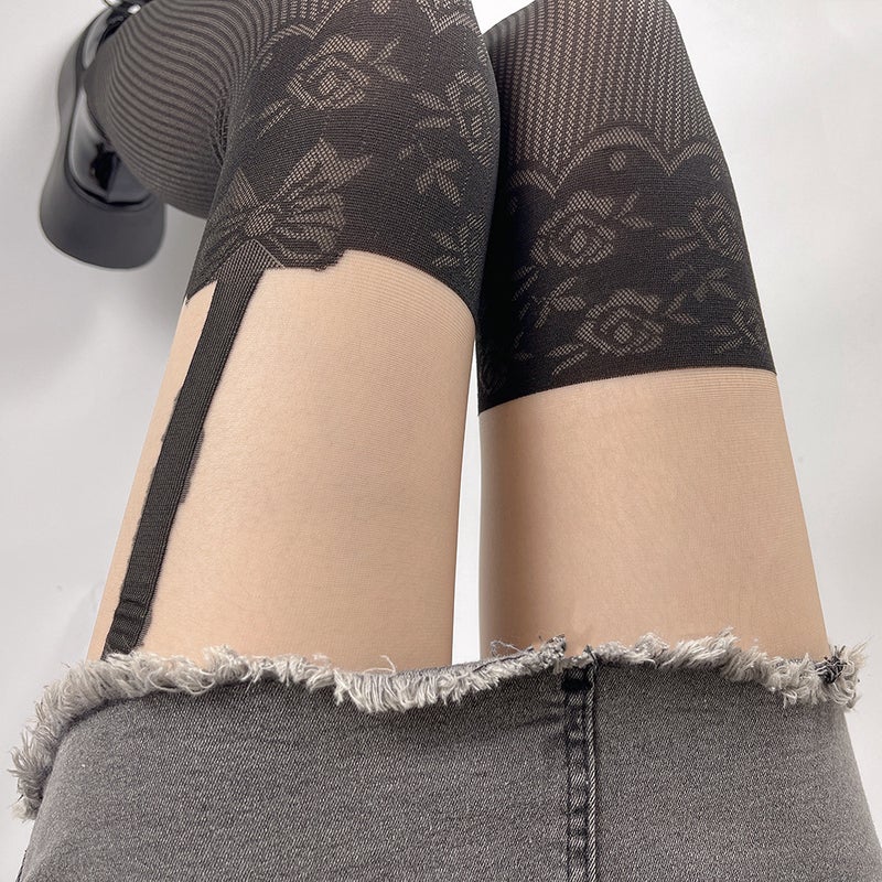 JK Strap Stitching Fake Tall Pantyhose Pure Wind Sexy Thin Striped Bow Jacquard Black Silk Stockings Girl - Image 1