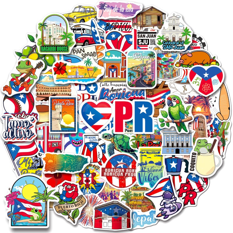 WAKEMOODEI 100PCS Puerto Rico Stickers, Waterproof Puerto Rican Vinyl Stickers, Travel Souvenir Stickers for Scrapbook Water Bottle Laptop Luggage Car, Party Decoration - Image 1