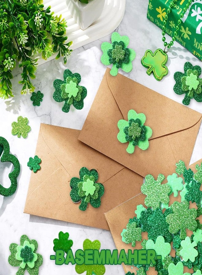 BASEMMAHER St. Patrick's Day Glitter Shamrock Foam Stickers Green Lucky Clover Foam Decals Self-Adhesive Irish Holiday Stickers for St. Patrick's Day Party Home Scrapbook Decoration DIY Crafts 160Pcs - Image 3