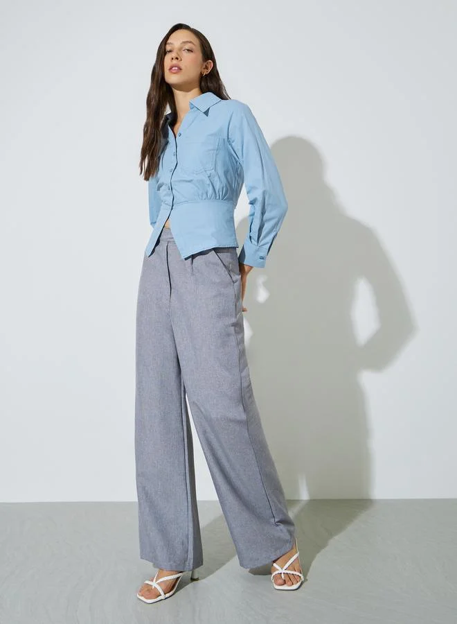 ستايلي Blue Long Sleeve Gathered Waist Shirt