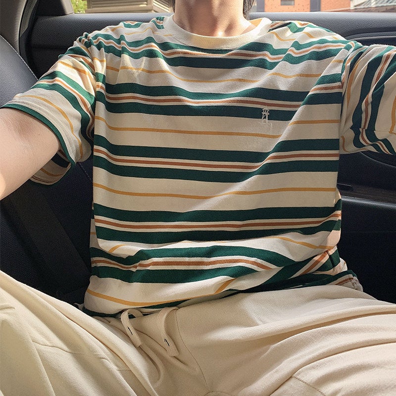 Striped short-sleeved t-shirt men's round neck 2025 new summer youth fashion brand loose embroidery cotton half-sleeved clothes - Image 1