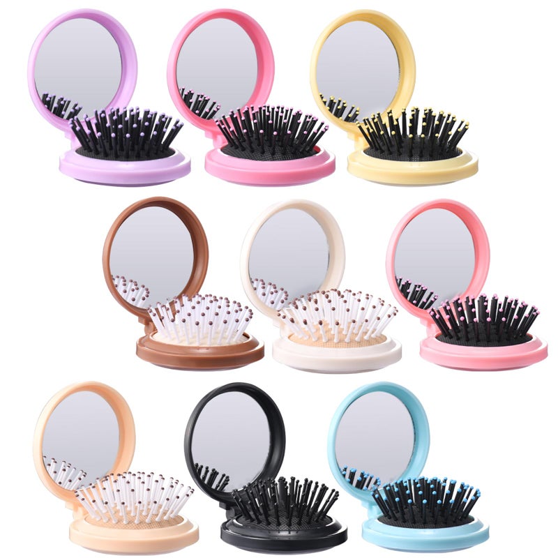 YOJOR 9 Pack Mini Hair Brush Foldable Travel Hair Brushes with Mirror Round Portable Folding Pocket Hair Brush Mini Comb Compact Travel Size Massage Comb for Men Women - Image 1