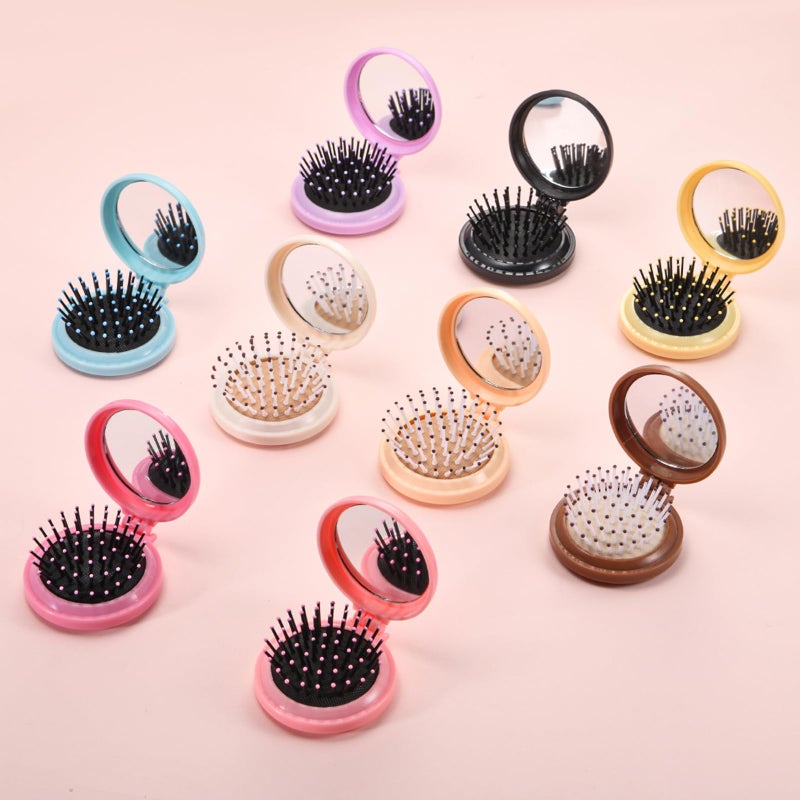 YOJOR 9 Pack Mini Hair Brush Foldable Travel Hair Brushes with Mirror Round Portable Folding Pocket Hair Brush Mini Comb Compact Travel Size Massage Comb for Men Women - Image 2