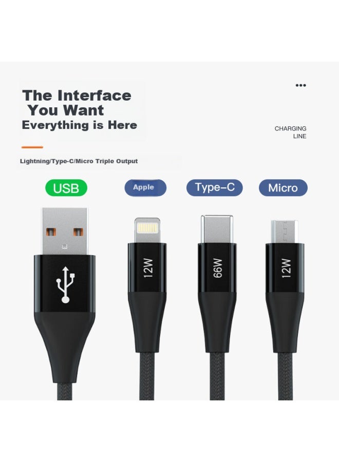 Newmine In 66w Super Fast Charging Cable, Multi-port Fast Charging Cord, Compatible With Apple, Huawei, Xiaomi, Car Use, Braided Black - Image 2