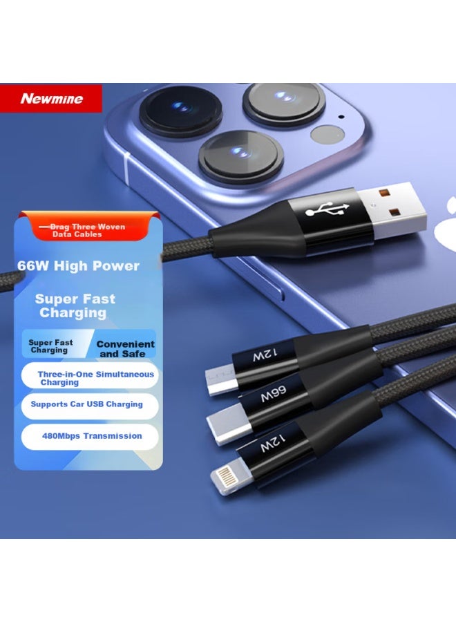 Newmine In 66w Super Fast Charging Cable, Multi-port Fast Charging Cord, Compatible With Apple, Huawei, Xiaomi, Car Use, Braided Black - Image 1