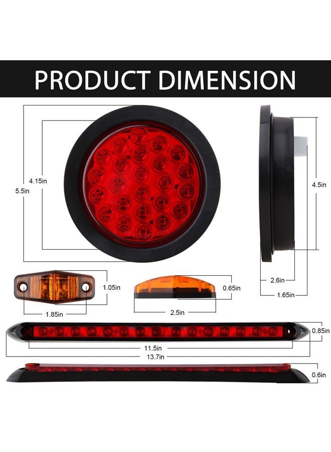 Jamarco 4" Inch Round Led Trailer Tail Lights Kit, 4" Round Led Stop Turn Tail Lights 24LED, 4Amber+2Red Mini Marker Lights, 13.8" Red Led 3RD Brake Identification Trailer Light Bar, 25ft Wiring Harness - Image 2