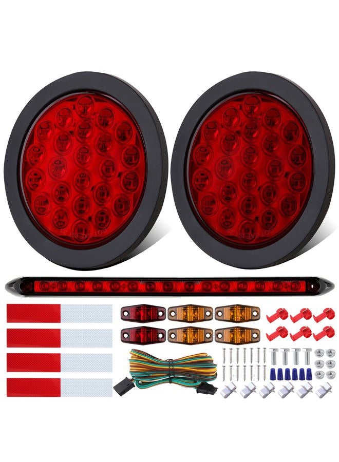Jamarco 4" Inch Round Led Trailer Tail Lights Kit, 4" Round Led Stop Turn Tail Lights 24LED, 4Amber+2Red Mini Marker Lights, 13.8" Red Led 3RD Brake Identification Trailer Light Bar, 25ft Wiring Harness - Image 1