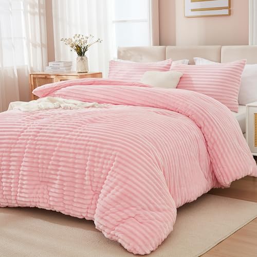 Andency Pink Comforter Set Queen, 3 Pieces Fleece Comforter for Queen Size Bed, Soft Warm Fluffy Fuzzy Luxury Plush Bedding Comforter Set for Winter (1 Comforter & 2 Pillowcases) - Image 1