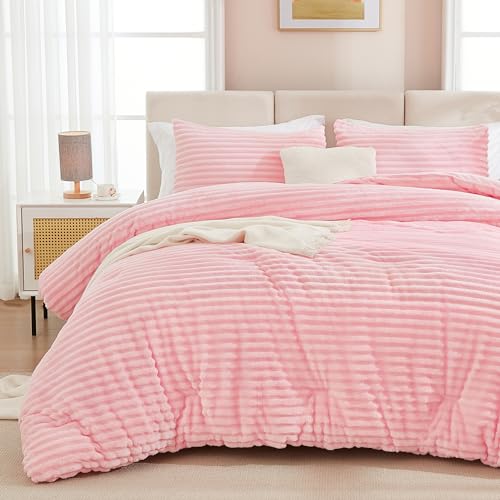 Andency Pink Comforter Set Queen, 3 Pieces Fleece Comforter for Queen Size Bed, Soft Warm Fluffy Fuzzy Luxury Plush Bedding Comforter Set for Winter (1 Comforter & 2 Pillowcases) - Image 2