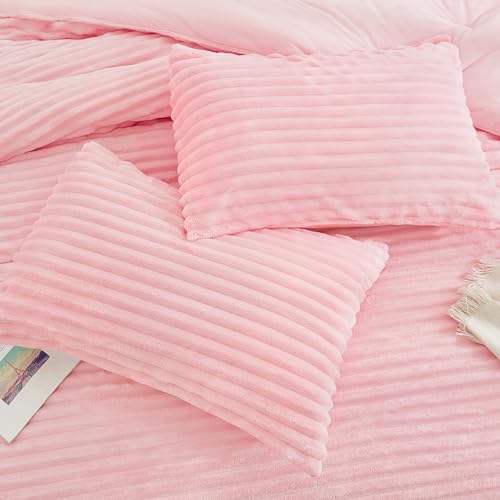 Andency Pink Comforter Set Queen, 3 Pieces Fleece Comforter for Queen Size Bed, Soft Warm Fluffy Fuzzy Luxury Plush Bedding Comforter Set for Winter (1 Comforter & 2 Pillowcases) - Image 5