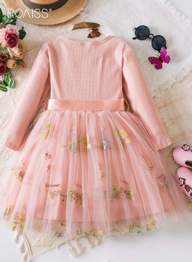 roaiss Girls Tulle Dresses with Belt, Stylish A-line Dress with Floral Embroidery, Long Sleeve Round Neck Frock, Elegant Princess Dress for Girls, Suitable for Daily Wear and Outdoor Activities - Image 2