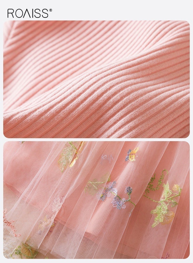 roaiss Girls Tulle Dresses with Belt, Stylish A-line Dress with Floral Embroidery, Long Sleeve Round Neck Frock, Elegant Princess Dress for Girls, Suitable for Daily Wear and Outdoor Activities - Image 3