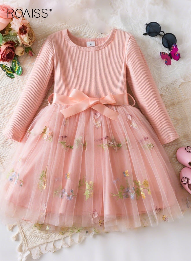 roaiss Girls Tulle Dresses with Belt, Stylish A-line Dress with Floral Embroidery, Long Sleeve Round Neck Frock, Elegant Princess Dress for Girls, Suitable for Daily Wear and Outdoor Activities - Image 1