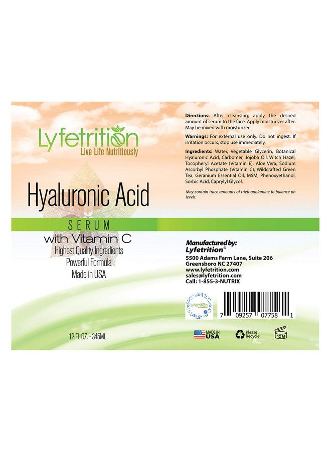 Hyaluronic Acid Serum For Skin Moisturizing And Hydrating Serum For All Types Of Skin 100% Natural Face Serum With Vitamin C & Aloe Vera (12 Fl Oz) Clear Serum (Lyfe7581)