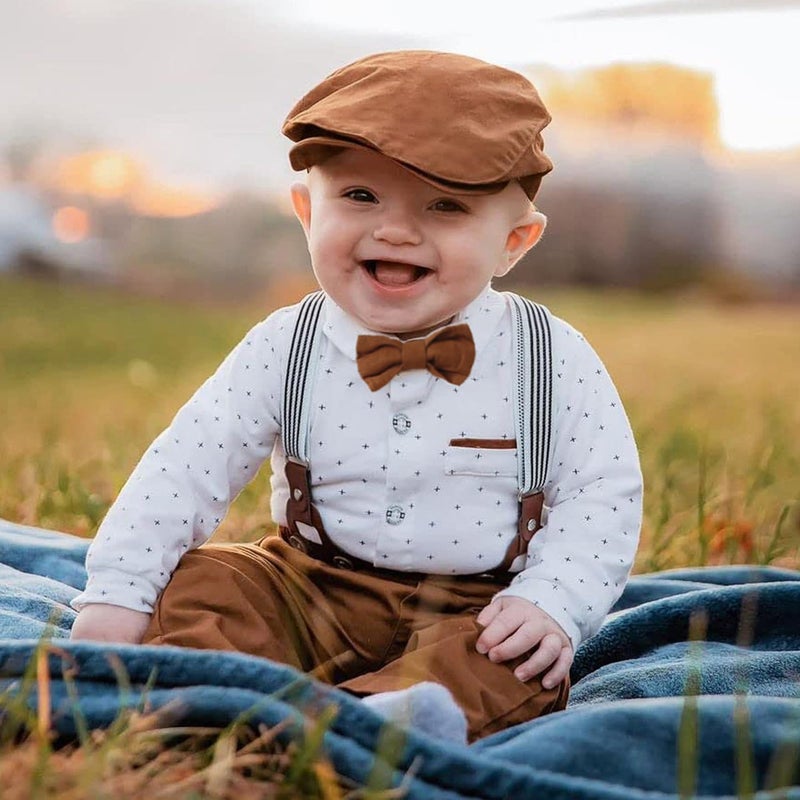 ZOEREA Baby Boy Suit 0-24M Gentleman Outfit Clothes Set Infant Long Sleeve Dress Shirt+Suspender Pants+Bowtie+Beret Hat - Image 2