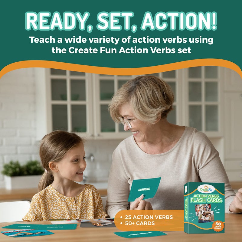 CreateFun 50 Action Verbs Flash Cards - Vocabulary Builder for Speech Therapy, ESL & Homeschooling | Realistic Diverse Pictures for Kids & Adults with Autism, Dementia, Aphasia, SLP | Educational Learning Cards - Image 2