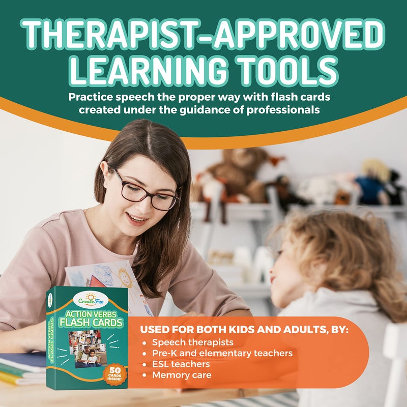 CreateFun 50 Action Verbs Flash Cards - Vocabulary Builder for Speech Therapy, ESL & Homeschooling | Realistic Diverse Pictures for Kids & Adults with Autism, Dementia, Aphasia, SLP | Educational Learning Cards - Image 3