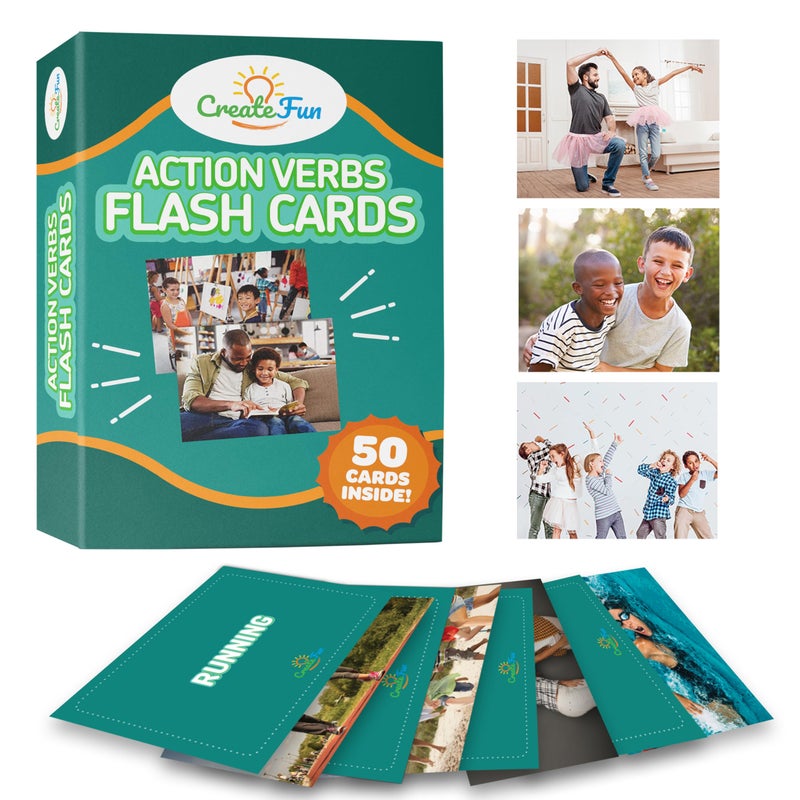 CreateFun 50 Action Verbs Flash Cards - Vocabulary Builder for Speech Therapy, ESL & Homeschooling | Realistic Diverse Pictures for Kids & Adults with Autism, Dementia, Aphasia, SLP | Educational Learning Cards - Image 1