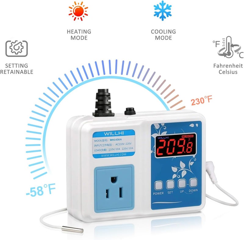 WILLHI WH1436A 10A Temperature Controller 110V Digital Thermostat Switch Sous Vide Controller NTC 10K Sensor Improved Version - Image 2