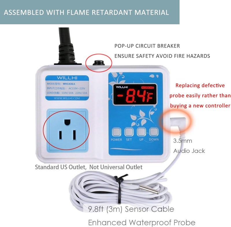 WILLHI WH1436A 10A Temperature Controller 110V Digital Thermostat Switch Sous Vide Controller NTC 10K Sensor Improved Version - Image 4