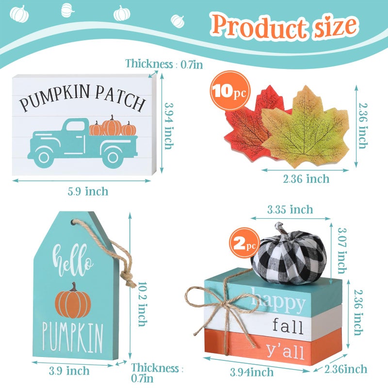 NEWLIGHTURE Fall Tiered Tray Decor Set  17Pcs Blue Fall Wood Signs Decor  Maple Leaves  Buffalo Plaid Pumpkins  Truck Book Stack Wooden Signs  Autumn Thanksgiving Farmhouse Table Decor Sign For Home Decor - Image 2