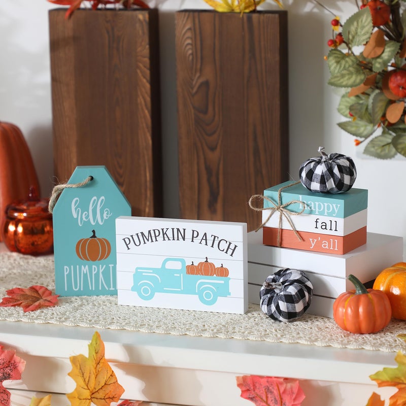 NEWLIGHTURE Fall Tiered Tray Decor Set  17Pcs Blue Fall Wood Signs Decor  Maple Leaves  Buffalo Plaid Pumpkins  Truck Book Stack Wooden Signs  Autumn Thanksgiving Farmhouse Table Decor Sign For Home Decor - Image 4
