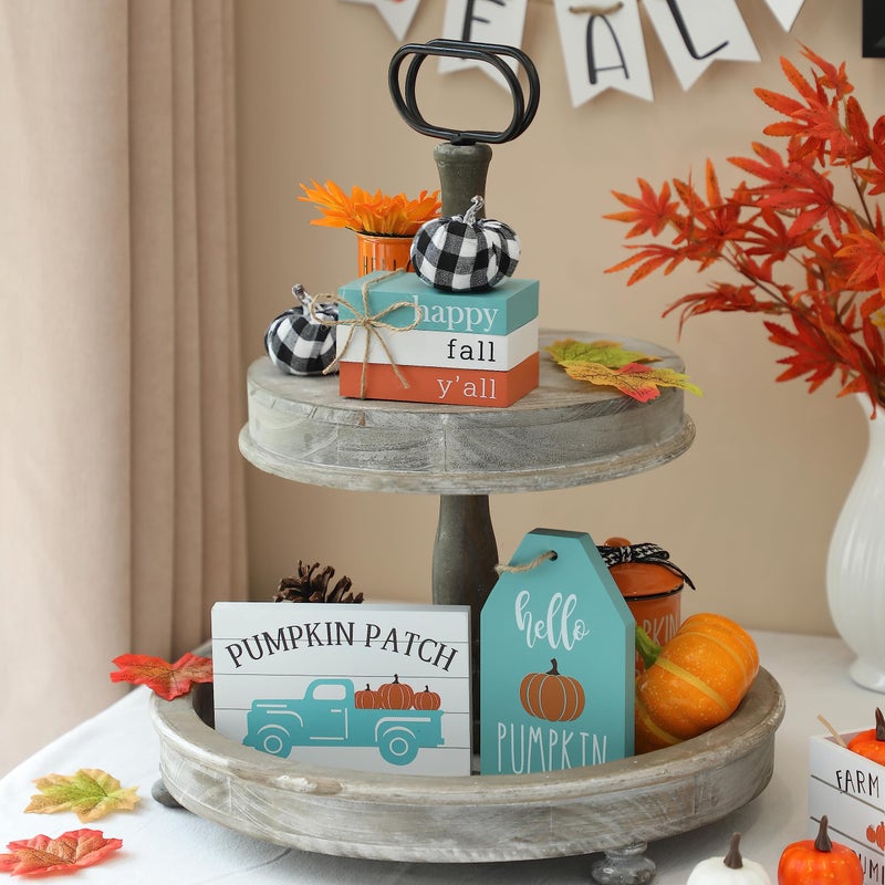 NEWLIGHTURE Fall Tiered Tray Decor Set  17Pcs Blue Fall Wood Signs Decor  Maple Leaves  Buffalo Plaid Pumpkins  Truck Book Stack Wooden Signs  Autumn Thanksgiving Farmhouse Table Decor Sign For Home Decor - Image 3
