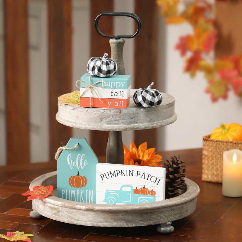 NEWLIGHTURE Fall Tiered Tray Decor Set  17Pcs Blue Fall Wood Signs Decor  Maple Leaves  Buffalo Plaid Pumpkins  Truck Book Stack Wooden Signs  Autumn Thanksgiving Farmhouse Table Decor Sign For Home Decor - Image 5